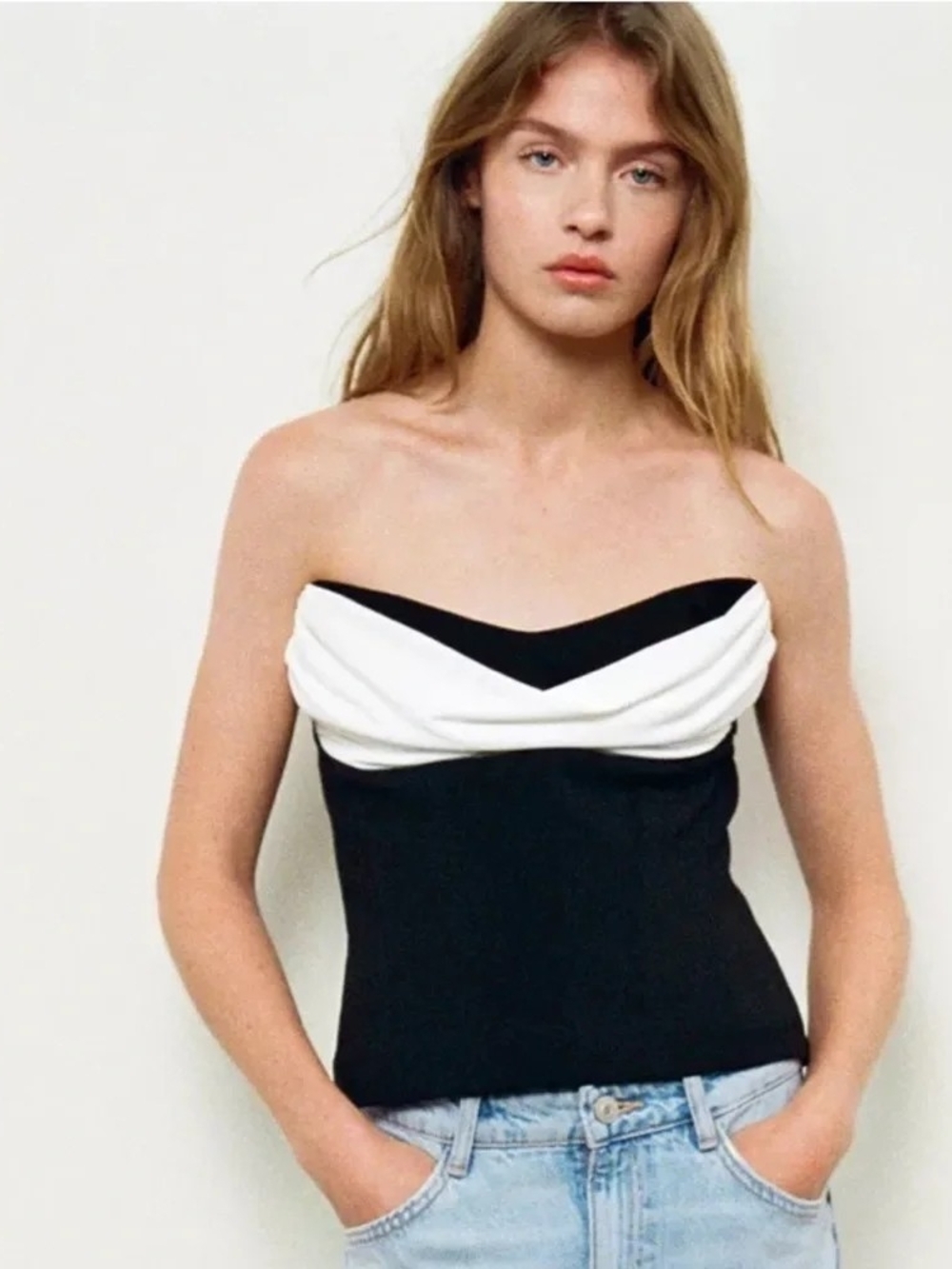 Zara Contrast Strapless Top Black & White Medium NWT